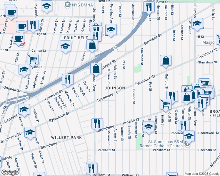 map of restaurants, bars, coffee shops, grocery stores, and more near 504 Monroe Street in Buffalo