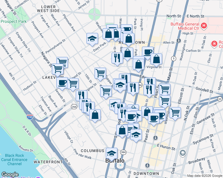 map of restaurants, bars, coffee shops, grocery stores, and more near 294 Carolina Street in Buffalo