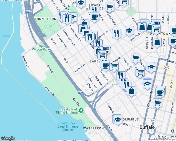 map of restaurants, bars, coffee shops, grocery stores, and more near 303 Trenton Avenue in Buffalo