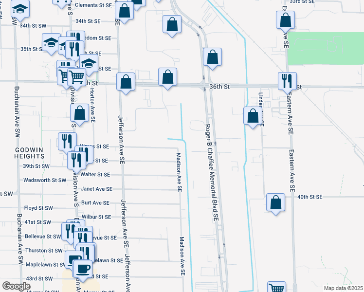 map of restaurants, bars, coffee shops, grocery stores, and more near 3813 Madison Avenue Southeast in Grand Rapids