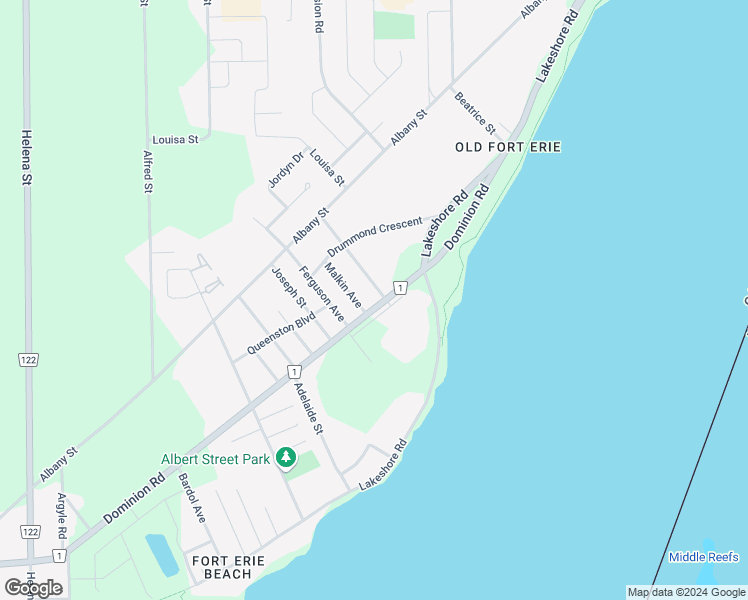map of restaurants, bars, coffee shops, grocery stores, and more near 46 Dominion Road in Fort Erie