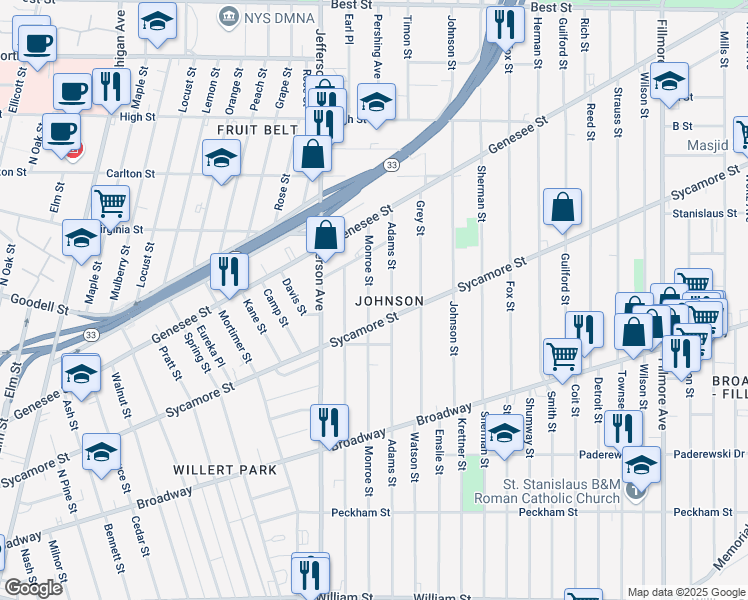 map of restaurants, bars, coffee shops, grocery stores, and more near 504 Monroe Street in Buffalo