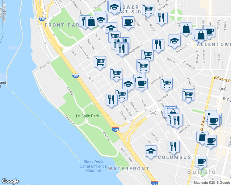 map of restaurants, bars, coffee shops, grocery stores, and more near 339 Trenton Avenue in Buffalo