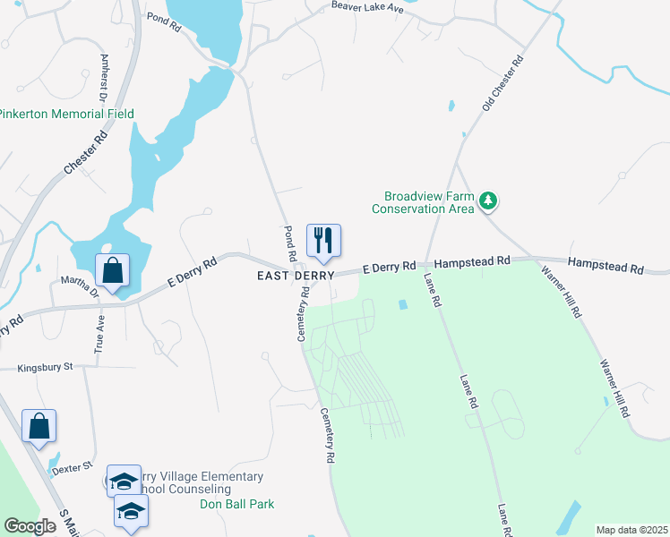 map of restaurants, bars, coffee shops, grocery stores, and more near 52 East Derry Road in Derry
