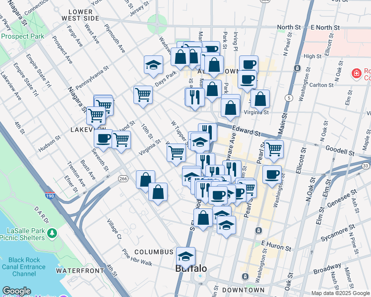 map of restaurants, bars, coffee shops, grocery stores, and more near 294 Carolina Street in Buffalo