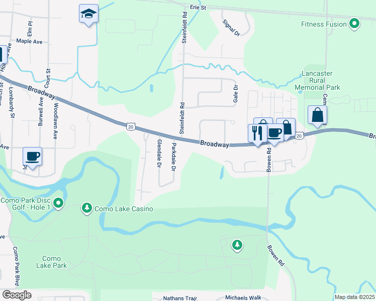 map of restaurants, bars, coffee shops, grocery stores, and more near 5755 Broadway in Lancaster