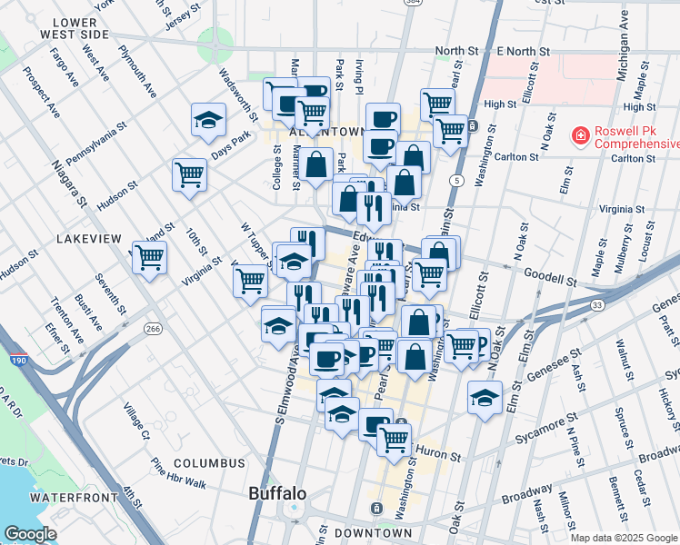 map of restaurants, bars, coffee shops, grocery stores, and more near 354 Delaware Avenue in Buffalo