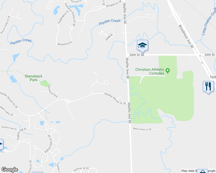 map of restaurants, bars, coffee shops, grocery stores, and more near 3076 Creek Way Court Southeast in Kentwood