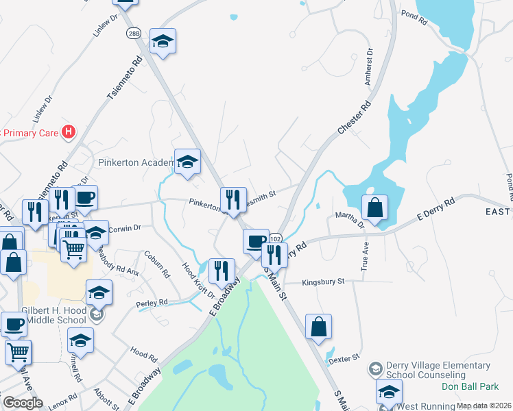 map of restaurants, bars, coffee shops, grocery stores, and more near 12 Chester Road in Derry