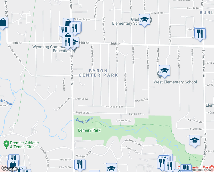 map of restaurants, bars, coffee shops, grocery stores, and more near 3841 Hazelwood Avenue Southwest in Wyoming