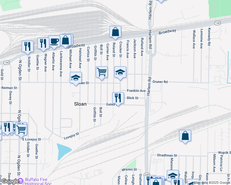 map of restaurants, bars, coffee shops, grocery stores, and more near 67 Roland Street in Buffalo