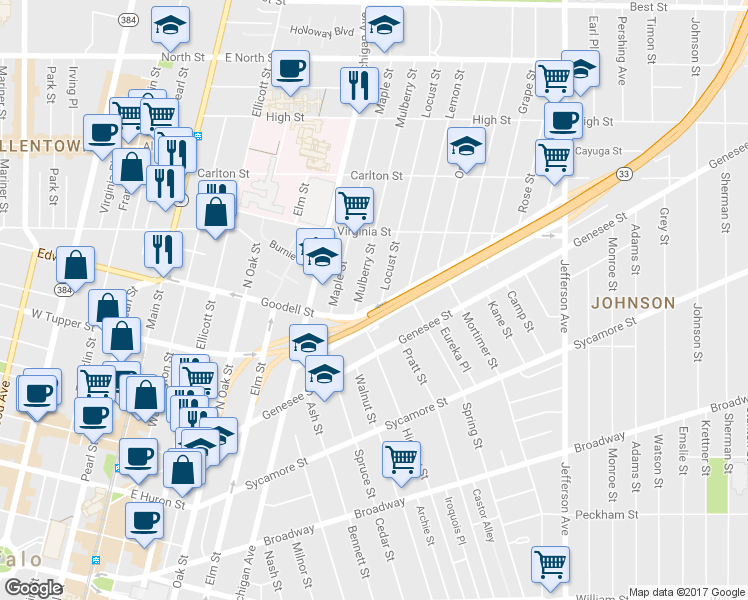 map of restaurants, bars, coffee shops, grocery stores, and more near 24 Locust Street in Buffalo