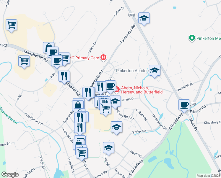 map of restaurants, bars, coffee shops, grocery stores, and more near 13 Pinkerton Street in Derry