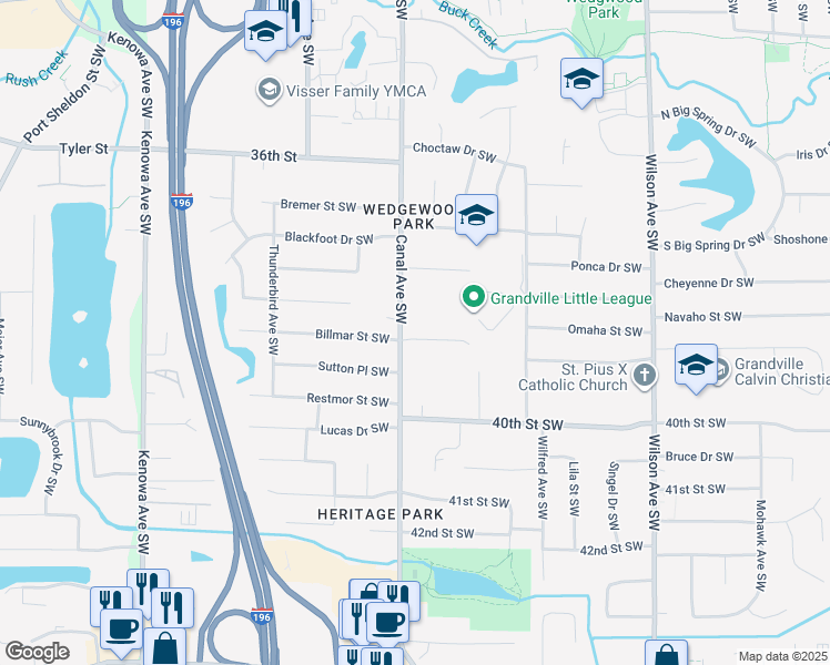 map of restaurants, bars, coffee shops, grocery stores, and more near 4341 Billmar Street Southwest in Grandville