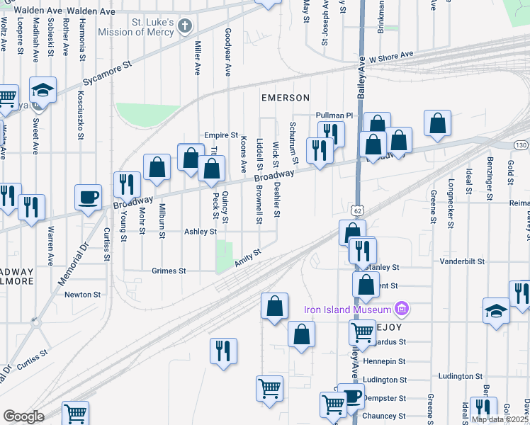 map of restaurants, bars, coffee shops, grocery stores, and more near 268 Ashley Street in Buffalo