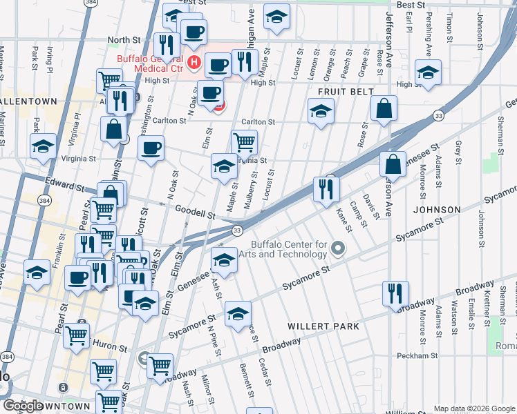 map of restaurants, bars, coffee shops, grocery stores, and more near 37 Mulberry Street in Buffalo