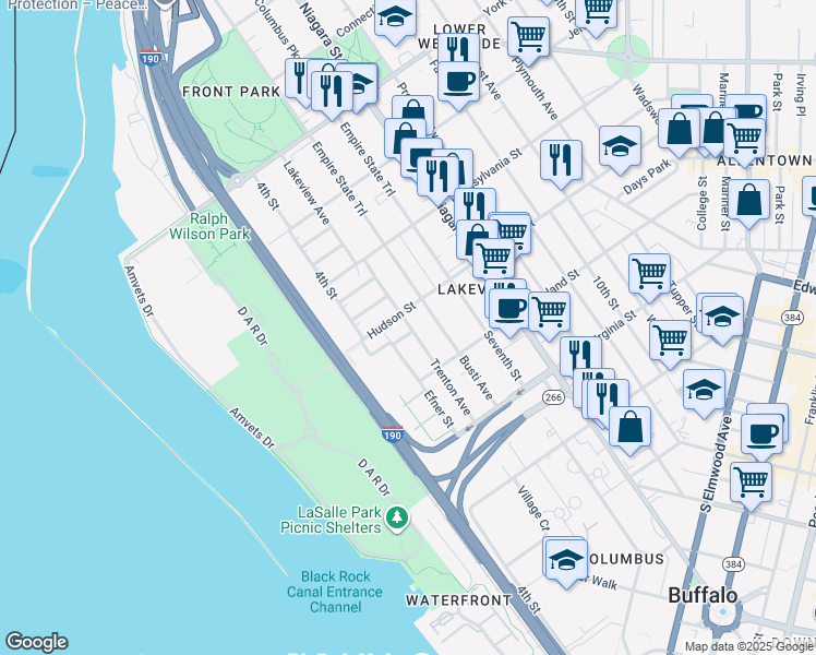 map of restaurants, bars, coffee shops, grocery stores, and more near 283 Efner Street in Buffalo