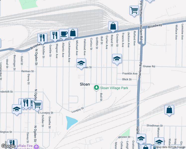 map of restaurants, bars, coffee shops, grocery stores, and more near 112 Griffith Street in Buffalo