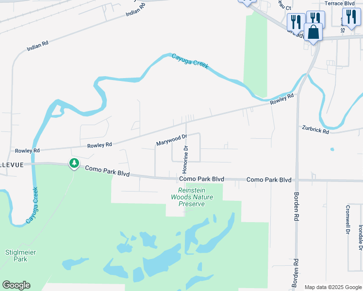 map of restaurants, bars, coffee shops, grocery stores, and more near 28 Honorine Drive in Depew