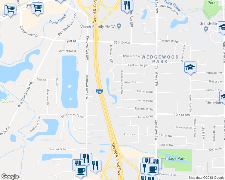 map of restaurants, bars, coffee shops, grocery stores, and more near 4646 Billmar Street Southwest in Grandville