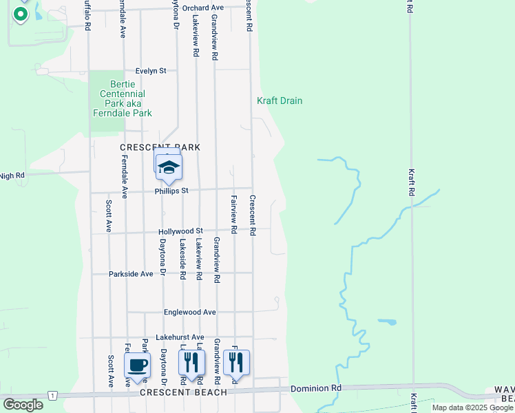 map of restaurants, bars, coffee shops, grocery stores, and more near 686 Crescent Road in Fort Erie