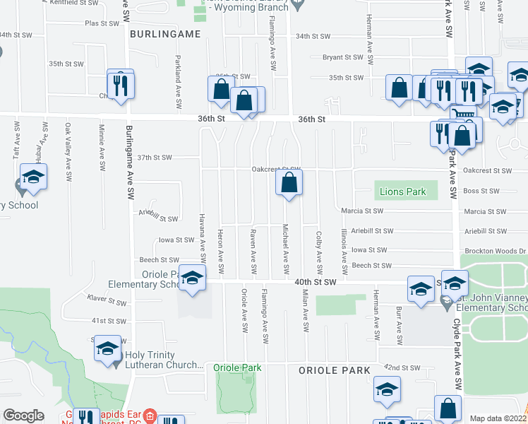 map of restaurants, bars, coffee shops, grocery stores, and more near 3761 Flamingo Avenue Southwest in Wyoming