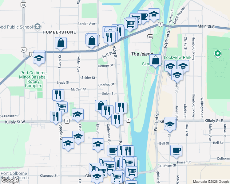 map of restaurants, bars, coffee shops, grocery stores, and more near in Port Colborne