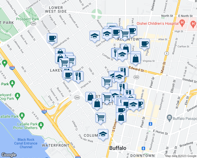 map of restaurants, bars, coffee shops, grocery stores, and more near 257 Virginia Street in Buffalo