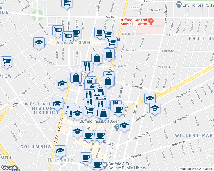 map of restaurants, bars, coffee shops, grocery stores, and more near 765 Main St in Buffalo