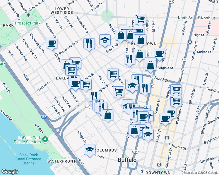 map of restaurants, bars, coffee shops, grocery stores, and more near 257 Virginia Street in Buffalo