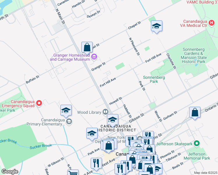 map of restaurants, bars, coffee shops, grocery stores, and more near 183 North Main Street in Canandaigua