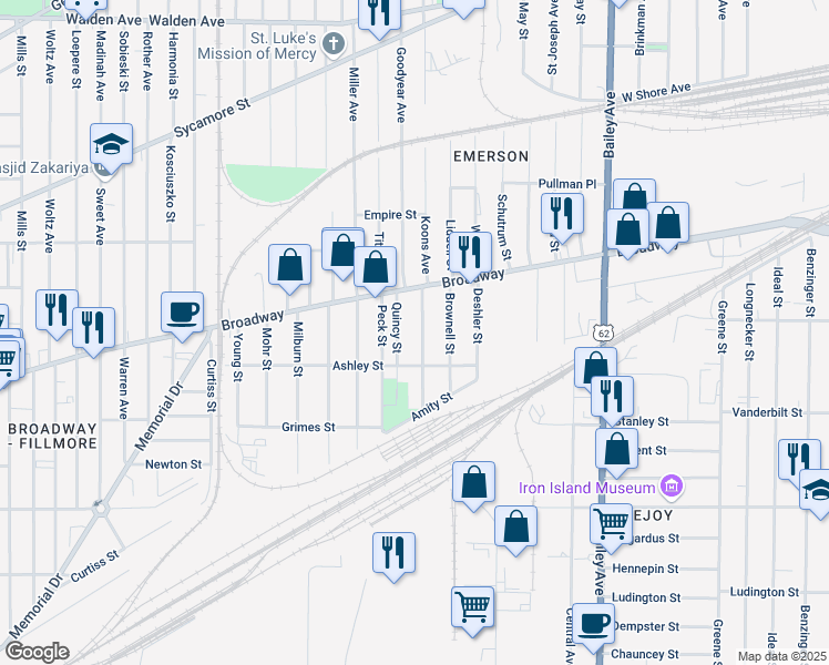 map of restaurants, bars, coffee shops, grocery stores, and more near 69 Quincy Street in Buffalo