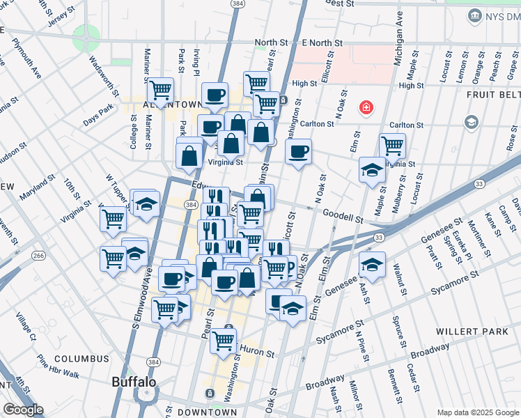 map of restaurants, bars, coffee shops, grocery stores, and more near 737 Main Street in Buffalo