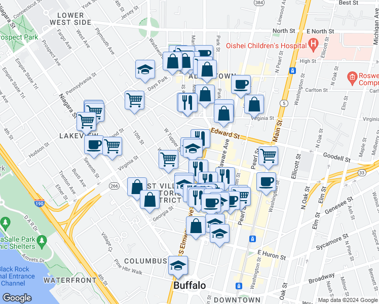 map of restaurants, bars, coffee shops, grocery stores, and more near 294 Carolina Street in Buffalo