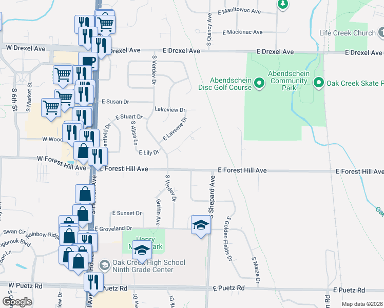 map of restaurants, bars, coffee shops, grocery stores, and more near 710 East Forest Hill Avenue in Oak Creek