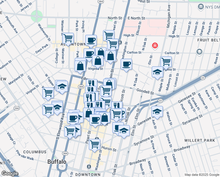 map of restaurants, bars, coffee shops, grocery stores, and more near 737 Main Street in Buffalo