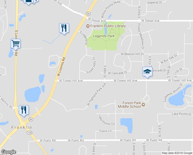 map of restaurants, bars, coffee shops, grocery stores, and more near 8900 West Forest Hill Avenue in Franklin