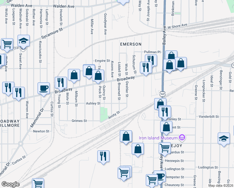 map of restaurants, bars, coffee shops, grocery stores, and more near 66 Brownell Street in Buffalo