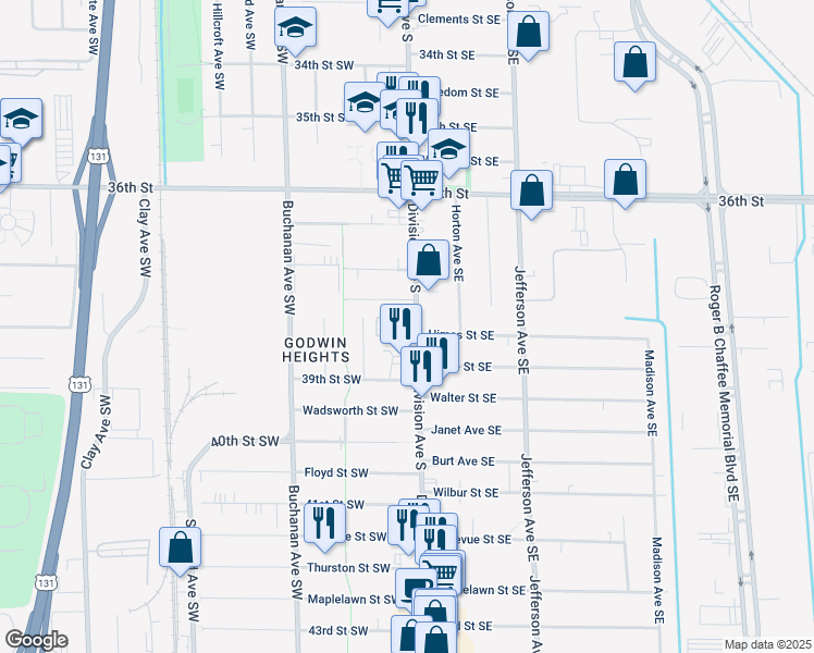map of restaurants, bars, coffee shops, grocery stores, and more near 3821 Division Avenue South in Grand Rapids