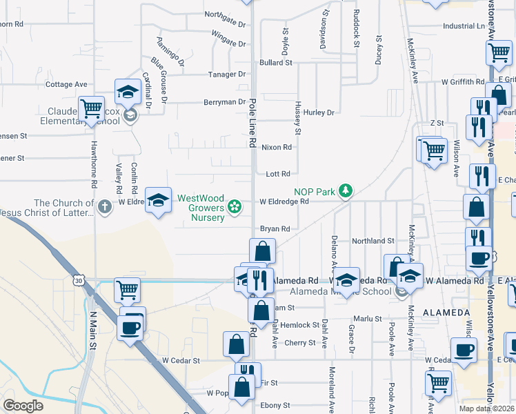 map of restaurants, bars, coffee shops, grocery stores, and more near in Pocatello