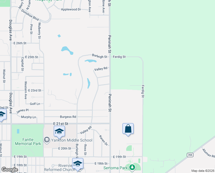 map of restaurants, bars, coffee shops, grocery stores, and more near 2326-2366 Peninah Street in Yankton