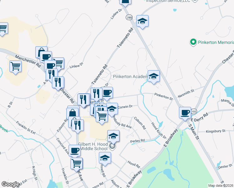 map of restaurants, bars, coffee shops, grocery stores, and more near 2 Bristol Court in Derry