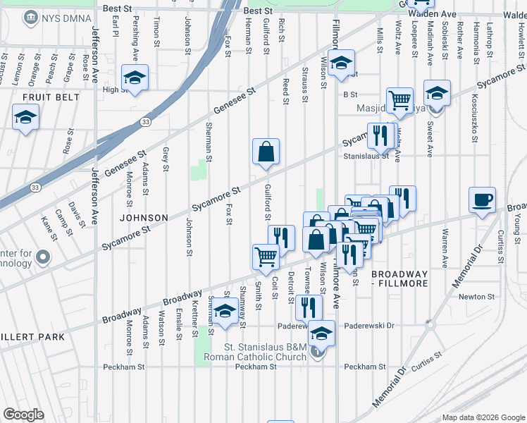 map of restaurants, bars, coffee shops, grocery stores, and more near 123 Guilford Street in Buffalo