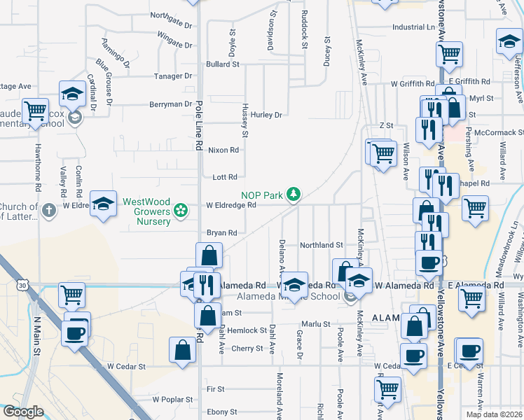 map of restaurants, bars, coffee shops, grocery stores, and more near 684-742 W Eldredge Rd in Pocatello
