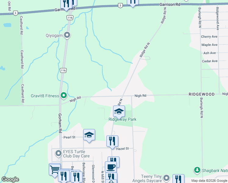 map of restaurants, bars, coffee shops, grocery stores, and more near 3666 Nigh Road in Fort Erie