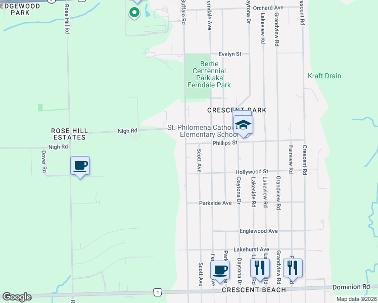 map of restaurants, bars, coffee shops, grocery stores, and more near 698 Buffalo Road in Fort Erie