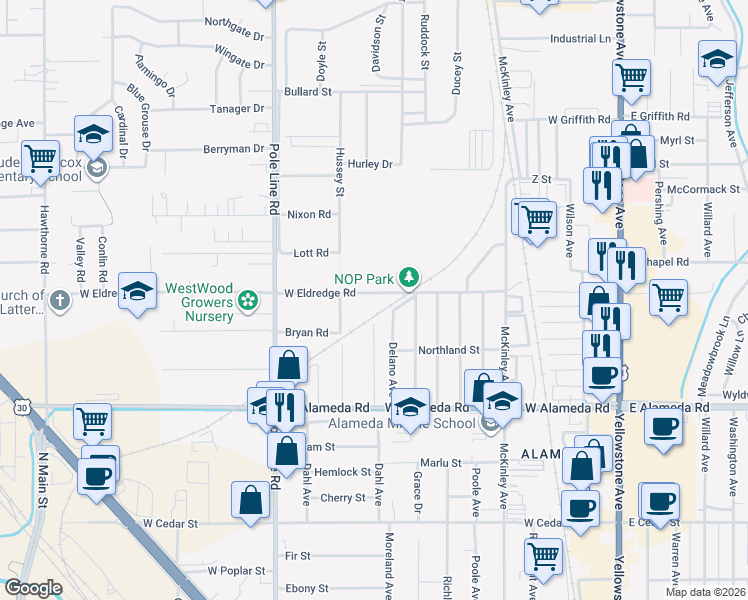 map of restaurants, bars, coffee shops, grocery stores, and more near 684-742 W Eldredge Rd in Pocatello