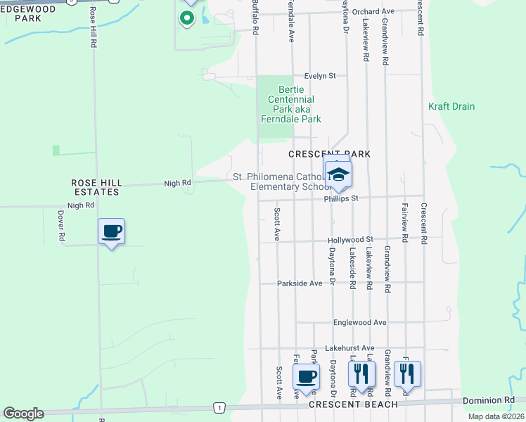 map of restaurants, bars, coffee shops, grocery stores, and more near 725 Buffalo Road in Fort Erie