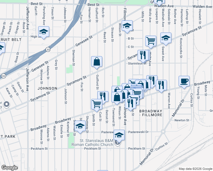map of restaurants, bars, coffee shops, grocery stores, and more near 102 Strauss Street in Buffalo