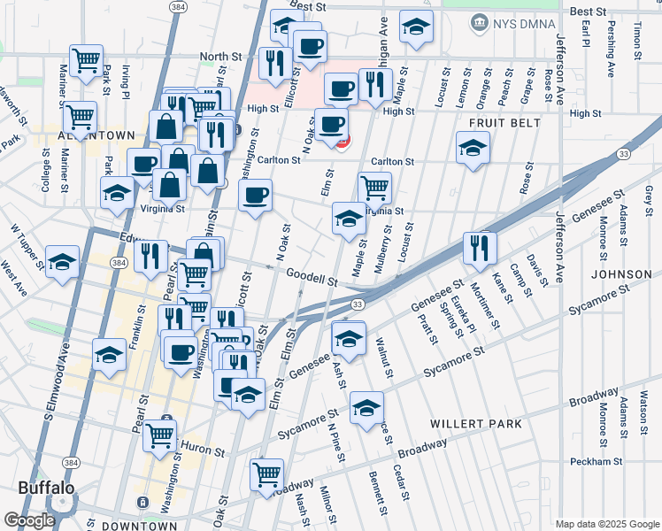 map of restaurants, bars, coffee shops, grocery stores, and more near 172 Goodell Street in Buffalo